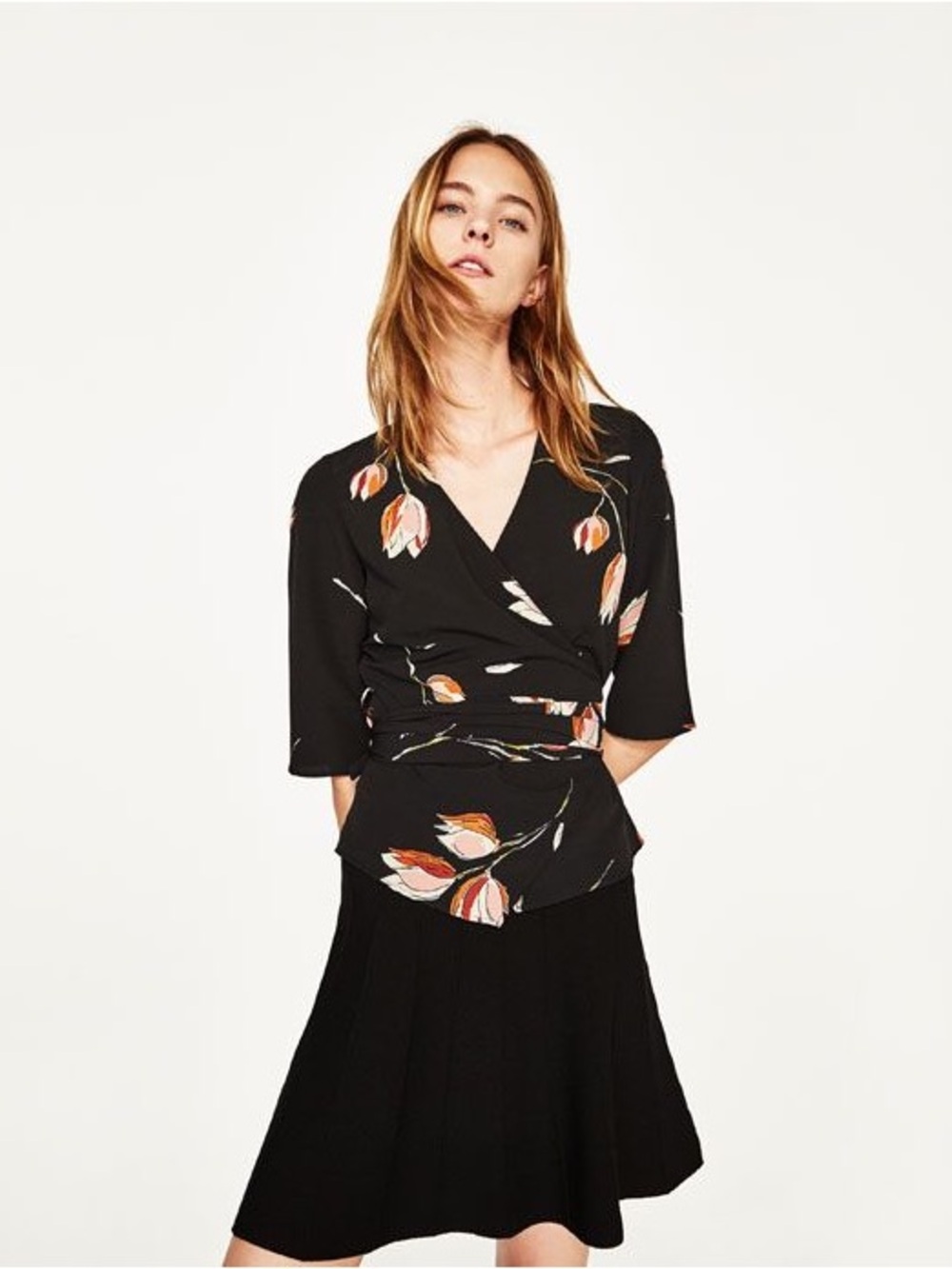 Zara Crossed Blouse Black Floral Top Mid Sleeve